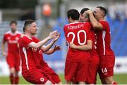 14 July 2016; St Patrick's Athletic players celebrate after Christy Fagan, second from right, scored their side's goal during the UEFA Champions League Second Qualifying Round 1st Leg match between Dinamo Minsk and St Patrick's Athletic at Traktor Stadium in Minsk, Belarus. Photo by Sportsfile