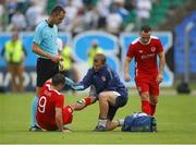 14 July 2016; Christy Fagan of St Patrick's Athletic receives a medical attention during the UEFA Champions League Second Qualifying Round 1st Leg match between Dinamo Minsk and St Patrick's Athletic at Traktor Stadium in Minsk, Belarus. Photo by Sportsfile