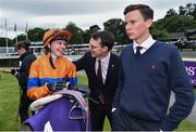 14 July 2016; Jockey Ana O'Brien is congratulated by her father Aidan O'Brien alongside her brother and trainer Joseph O'Brien after winning the Irish Stallion Farms European Breeders Fund Stanerra Stakes on Arya Tara during the Bulmers Evening Meeting at Leopardstown in Dublin. Photo by Cody Glenn/Sportsfile