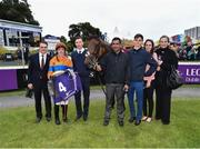 14 July 2016; Jockey Ana O'Brien with her father Aidan O'Brien, far left, her brother and trainer Joseph O'Brien, third from left, and winning connections of Arya Tara after winning the Irish Stallion Farms European Breeders Fund Stanerra Stakes during the Bulmers Evening Meeting at Leopardstown in Dublin. Photo by Cody Glenn/Sportsfile