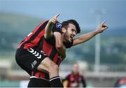 15 July 2016; Kurtis Byrne of Bohemian FC celebrates after scoring his side's first goal with team-mate Roberto Lopes during the SSE Airtricity League Premier Division match between Shamrock Rovers and Bohemian FC at Tallaght Stadium in Tallaght, Co Dublin. Photo by David Maher/Sportsfile