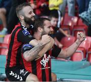 15 July 2016; Kurtis Byrne, right, of Bohemian FC celebrates after scoring his side's first goal with team-mate Dylan Hayes during the SSE Airtricity League Premier Division match between Shamrock Rovers and Bohemian FC at Tallaght Stadium in Tallaght, Co Dublin. Photo by David Maher/Sportsfile