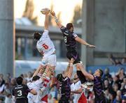 3 September 2010; Stephen Ferris, Ulster, wins the lineout ahead of Jonathan Thomas, Ospreys. Celtic League, Ulster v Ospreys, Ravenhill Park, Belfast. Picture credit: Oliver McVeigh / SPORTSFILE