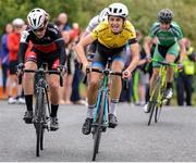 16 July 2016; Charlie Meredith of Giant Halo Team, centre, approaches the finish line to win Stage 5 of the 2016 Scott Bicycles Junior Tour of Ireland, Gallows Hill, Co. Clare. Picture credit: Stephen McMahon/SPORTSFILE