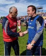 16 July 2016; Cork manager Peadar Healy shakes hands with Longford manager Denis Connerton following the GAA Football All-Ireland Senior Championship Round 3B match between Longford and Cork at Glennon Brothers Pearse Park in Longford. Photo by Ramsey Cardy/Sportsfile