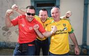 17 July 2016; Tyrone supporter Brian McDaid, left, with Donegal supporters Shane Lafferty, centre, and Colin  McGlinty arrive ahead of the Ulster GAA Football Senior Championship Final match between Donegal and Tyrone at St Tiernach's Park in Clones, Co Monaghan. Photo by Ramsey Cardy/Sportsfile
