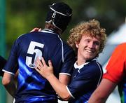5 September 2010; Leinster's Zac Youngman congratulates team-mate Tadgh Beirne on his try. Under-19 Friendly - Exiles v Leinster, Sunbury on Thames, Middlesex, England. Picture credit: SPORTSFILE