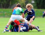 5 September 2010; Leinster's Zac Youngman runs in to help team-mate Joe O'Brien. Under-19 Friendly - Exiles v Leinster, Sunbury on Thames, Middlesex, England. Picture credit: SPORTSFILE