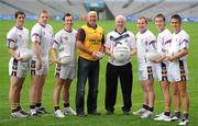 6 September 2010; Kilmacud Crokes players, from left, Rory O'Carroll, David Nestor, Brian McGrath, Pat Burke, Kevin Nolan and Marc Coughlan with former Down footballer Conor Deegan, left, and former Cork footballer Larry Tompkins at the launch of the oneills.com Kilmacud Crokes All-Ireland Football Sevens tournament in Croke Park today. The renowned event attracts 48 of the top club sides from around the country and will take place on 18 September in and around Kilmacud Crokes GAA Club. Launch of the 2010 oneills.com Kilmacud Crokes All-Ireland Football Sevens Competition, Croke Park, Dublin. Photo by Sportsfile