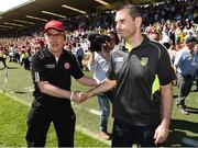 17 July 2016; Tyrone manager Mickey Harte and Donegal manager Rory Gallagher exchange handshakes after the final whistle in the Ulster GAA Football Senior Championship Final match between Donegal and Tyrone at St Tiernach's Park in Clones, Co Monaghan. Photo by Oliver McVeigh/Sportsfile