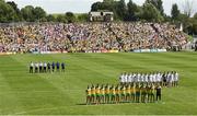 17 July 2016;The Donegal and Tyrone teams stand for the anthem before the Ulster GAA Football Senior Championship Final match between Donegal and Tyrone at St Tiernach's Park in Clones, Co Monaghan. Photo by Oliver McVeigh/Sportsfile