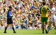 17 July 2016; Referee David Coldrick seconds before issuing a black card to Cathal McShane of Tyrone for verbal abuse of an officall during the Ulster GAA Football Senior Championship Final match between Donegal and Tyrone at St Tiernach's Park in Clones, Co Monaghan. Photo by Oliver McVeigh/Sportsfile