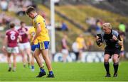 17 July 2016; Sean Mullooly of Roscommon receives a black card from referee Ciaran Branagan during the Connacht GAA Football Senior Championship Final Replay match between Galway and Roscommon at Elverys MacHale Park in Castlebar, Co Mayo. Photo by Stephen McCarthy/Sportsfile