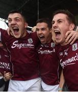17 July 2016; Galway players, from left, Damien Comer, Sean Denvir and Shane Walsh celebrate at the final whistle during the Connacht GAA Football Senior Championship Final Replay match between Galway and Roscommon at Elverys MacHale Park in Castlebar, Co Mayo. Photo by Stephen McCarthy/Sportsfile