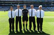 17 July 2016; Referee Barry Tiernan with his umpires, Sean Garvan, Colm Smith, Ollie Lawless, and Ian Howley ahead of the Electric Ireland Leinster GAA Football Minor Championship Final match between Laois and Kildare at Croke Park in Dubin. Photo by Ray McManus/Sportsfile