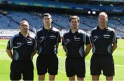17 July 2016; Referee Barry Tiernan, along with match officials Chris Dwyer, Darragh Sheppard, and Noel Hand prior to the Electric Ireland Leinster GAA Football Minor Championship Final match between Laois and Kildare at Croke Park in Dubin. Photo by Ray McManus/Sportsfile