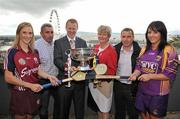 7 September 2010; In attendance at the Gala All-Ireland Camogie Championship Finals captain's photocall, from left, Galway captain Therese Maher, Galway manager Noel Finn, Gary Desmond, CEO of Gala, Joan O'Flynn, President of the Camogie Association, Wexford manager JJ Doyle and Wexford captain Una Lacey. The Premier Junior Final between Antrim and Waterford begins at 12noon, the Intermediate Final between Offaly and Wexford begins at 2pm and the Senior Final between Galway and Wexford begins at 4pm. The Gibson Hotel, Docklands, Dublin. Picture credit: Brendan Moran / SPORTSFILE