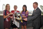 7 September 2010; In attendance at the Gala All-Ireland Camogie Championship Finals captain's photocall, from left, Galway captain Therese Maher, Joan O'Flynn, President of the Camogie Association, Wexford captain Una Lacey and Gary Desmond, CEO of Gala. The Premier Junior Final between Antrim and Waterford begins at 12noon, the Intermediate Final between Offaly and Wexford begins at 2pm and the Senior Final between Galway and Wexford begins at 4pm. The Gibson Hotel, Docklands, Dublin. Picture credit: Brendan Moran / SPORTSFILE