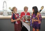 7 September 2010; Joan O'Flynn, President of the Camogie Association, in conversation with Galway captain Therese Maher, left, and Wexford captain Una Lacey during the Gala All-Ireland Camogie Championship Finals captain's photocall. The Premier Junior Final between Antrim and Waterford begins at 12noon, the Intermediate Final between Offaly and Wexford begins at 2pm and the Senior Final between Galway and Wexford begins at 4pm. The Gibson Hotel, Docklands, Dublin. Picture credit: Brendan Moran / SPORTSFILE