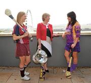 7 September 2010; Joan O'Flynn, President of the Camogie Association in conversation with Galway captain Therese Maher, left, and Wexford captain Una Lacey during the Gala All-Ireland Camogie Championship Finals captain's photocall. The Premier Junior Final between Antrim and Waterford begins at 12noon, the Intermediate Final between Offaly and Wexford begins at 2pm and the Senior Final between Galway and Wexford begins at 4pm. The Gibson Hotel, Docklands, Dublin. Picture credit: Brendan Moran / SPORTSFILE