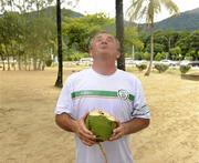 8 September 2010; Republic of Ireland manager Noel King players enjoys some cocnut water at Maracas Bay ahead of his side's second group stage game of the FIFA U-17 Women’s World Cup, against Canada, on Thursday. Republic of Ireland at the FIFA U-17 Women’s World Cup - Wednesday 8th September, Maracas Bay, Port of Spain, Trinidad. Picture credit: Stephen McCarthy / SPORTSFILE