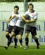 10 September 2010; Fahrudin Kuduzovic, Dundalk, is congratulatred by team-mates Steven Lennon, right, and Stephen McDonnell, left, after scoring his side's 3rd goal. Airtricity League Premier Division, Drogheda United v Dundalk, United Park, Drogheda, Co. Louth. Photo by Sportsfile
