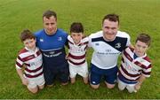 20 July 2016; Bryan Byrne, left, and Peter Dooley of Leinster, with Tullow RFC players, left to right, Jack Cranny, aged 12, from Kilbride, Co. Carlow, Eoin Sheridan, aged 12, from Donard, Co. Wicklow, and Aidan Brophy, aged 10, from Kelliestown, Co. Carlow, during the Bank of Ireland Leinster Rugby Summer Camp at Tullow RFC in Tullow, Co Carlow. Photo by Daire Brennan/Sportsfile