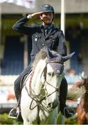 20 July 2016; Lorenzo DeLuca, Italy, salutes after winning the Sports Ireland Classic on Limestone Grey at the Dublin Horse Show in the RDS, Ballsbridge, Dublin. Photo by Cody Glenn/Sportsfile
