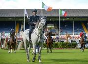 20 July 2016; Lorenzo DeLuca, Italy, after winning the Sports Ireland Classic on Limestone Grey at the Dublin Horse Show in the RDS, Ballsbridge, Dublin. Photo by Cody Glenn/Sportsfile
