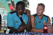 20 July 2016; St Lucia Zouks captain Darren Sammy (L) and team-mate David Miller (R) during a pre-match press conference ahead of match 21 of the Hero Caribbean Premier League between St Lucia Zouks v St. Kitts and Nevis Patriots at Bay Gardens Beach Resort in Rodney Bay, St Lucia. Photo by Ashley Allen/Sportsfile