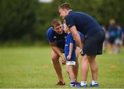 21 July 2016; David Cunningham, aged 6, from Portlaoise, Co. Laois, issues instructions to Ross Molony, left, and Josh van der Flier of Leinster during the Bank of Ireland Leinster Rugby Summer Camp at Portlaoise RFC in Portlaoise, Co. Laois. Photo by Daire Brennan/Sportsfile