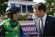 21 July 2016; Jockey Ryan Moore in conversation with trainer Aidan O'Brien after winning the Frank Conroy European Breeders Fund Maiden during the Bulmers Evening Meeting at Leopardstown in Dublin. Photo by Cody Glenn/Sportsfile