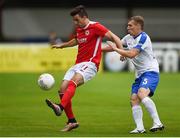 21 July 2016; Mark Timlin of St Patrick's Athletic in action against Yury Astraukh of Dinamo Minsk during the UEFA Europa League Second Qualifying Round 2nd Leg match between St Patrick's Athletic and Dinamo Minsk at Richmond Park in Inchicore, Dublin. Photo by David Fitzgerald/Sportsfile