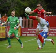 21 July 2016; Christy Fagan of St Patrick's Athletic in action against Sergei Ignatovich of Dinamo Minsk during the UEFA Europa League Second Qualifying Round 2nd Leg match between St Patrick's Athletic and Dinamo Minsk at Richmond Park in Inchicore, Dublin. Photo by David Maher/Sportsfile