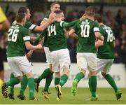 21 July 2016; Kevin O'Connor, 14, of Cork City celebrates with team-mates after scoring his side's first goal during the UEFA Europa League Second Qualifying Round 2nd Leg match between Cork City and BK Hacken at Turners Cross in Cork. Photo by Diarmuid Greene/Sportsfile