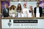 21 July 2016; Celebrity Judge Alan Hughes, left, with contestants of the Beacon Hotel Dare 2B Different Style Awards, from left, winner Veronica Walsh, from Navan, Co Meath, second place Lisa Nolan, from Foxrock, Co Dublin, third place Orlagh Weld Keenan, from Naas, Co Kildare, fourth place Kelly Doherty, from Newry, Co Down, and Patrick Diamond, from Milton Keyenes, England, during the Bulmers Evening Meeting at Leopardstown in Dublin. Photo by Cody Glenn/Sportsfile