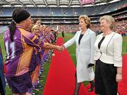 12 September 2010;  President of Ireland Mary McAleese and Joan O'Flynn, President of the Camogie Association, meet the Wexford captain Una Leacy before the start of the game. Gala All-Ireland Senior Camogie Championship Final, Galway v Wexford, Croke Park, Dublin. Picture credit: David Maher / SPORTSFILE