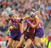 12 September 2010; Brenda Hanney, Galway, is fouled in the square by Mags D'Arcy and Ciara Stoey, right, Wexford. A penalty was subsequently awarded. Gala All-Ireland Senior Camogie Championship Final, Galway v Wexford, Croke Park, Dublin. Picture credit: Oliver McVeigh / SPORTSFILE