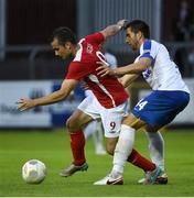 21 July 2016; Christy Fagan of St Patrick's Athletic in action against Aleksandr Sverchinski of Dinamo Minsk during the UEFA Europa League Second Qualifying Round 2nd Leg match between St Patrick's Athletic and Dinamo Minsk at Richmond Park in Inchicore, Dublin. Photo by David Maher/Sportsfile