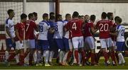 21 July 2016; Players from both sides tussle during the UEFA Europa League Second Qualifying Round 2nd Leg match between St Patrick's Athletic and Dinamo Minsk at Richmond Park in Inchicore, Dublin. Photo by David Fitzgerald/Sportsfile