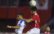 21 July 2016; Darren Dennehy of St Patrick's Athletic in action against Mohammed El Monir of Dinamo Minsk during the UEFA Europa League Second Qualifying Round 2nd Leg match between St Patrick's Athletic and Dinamo Minsk at Richmond Park in Inchicore, Dublin. Photo by David Fitzgerald/Sportsfile