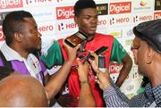 21 July 2016; Patriots bowler Alzarri Joseph is interviewed after Match 21 of the Hero Caribbean Premier League match between the St Lucia Zouks and the Nevis Patriots at the Daren Sammy Cricket Stadium, Gros Islet, St Lucia.  Photo by Ashley Allen/Sportsfile