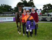 21 July 2016; Jockey Gary Carroll, trainer Thomas Mullen, right, and winning groom of Tara Dylan following the Booka Brass Band Handicap during the Bulmers Evening Meeting at Leopardstown in Dublin. Photo by Cody Glenn/Sportsfile