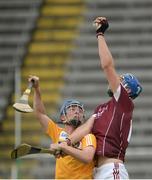 23 July 2016; Cian Salmon of Galway in action against Conor Carson of Antrim during their Electric Ireland GAA Hurling All-Ireland Minor Championship, Quarter-Final, game between Antrim and Galway at Kingspan Breffni Park in Co Cavan. Photo by Oliver McVeigh/Sportsfile