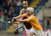 23 July 2016; Ed McQuillan of Antrim in action against Ronan Murphy of Galway during the Electric Ireland GAA Hurling All-Ireland Minor Championship, Quarter-Final, game between Antrim and Galway at Kingspan Breffni Park in Co Cavan. Photo by Oliver McVeigh/Sportsfile