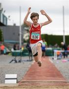 23 July 2016; Jack O'Connor of Dooneen AC of Limerick competing in the Boys U14 Long Jump event during Day 2 of the GloHealth National Juvenile Track & Field Championships at Tullamore Harriers Stadium in Tullamore, Co Offaly. Photo by Piaras Ó Mídheach/Sportsfile