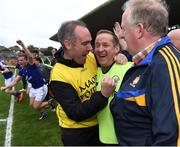 23 July 2016; Clare manager Colm Collins, centre, celebrates with selector David O'Brien, left, at the final whistle of the GAA Football All-Ireland Senior Championship, Round 4A, game between Clare and Roscommon at Pearse Stadium in Salthill, Galway. Photo by Brendan Moran/Sportsfile