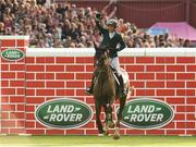 23 July 2016; Shane Breen of Ireland, competing on Cisero, celebrates during the The Land Rover Puissance at the Dublin Horse Show in the RDS, Ballsbridge, Dublin. Photo by Sam Barnes/Sportsfile