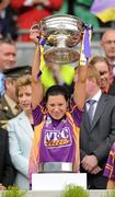 12 September 2010; Fiona Kavanagh, Wexford, holds aloft the O'Duffy Cup. Gala All-Ireland Senior Camogie Championship Final, Galway v Wexford, Croke Park, Dublin. Picture credit: Oliver McVeigh / SPORTSFILE