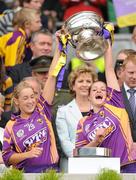 12 September 2010; Frances Doran and Stacey Kehoe, Wexford, holds aloft the O'Duffy Cup. Gala All-Ireland Senior Camogie Championship Final, Galway v Wexford, Croke Park, Dublin. Picture credit: Oliver McVeigh / SPORTSFILE